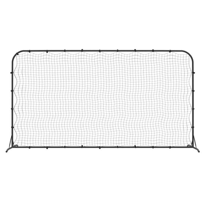 Professional football rebounder net with black steel frame and spring-loaded mesh