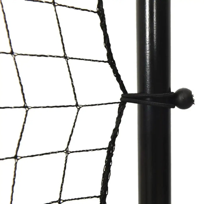 Close-up of rebounder net attached to black metal pole with bungee cord, football training aid
