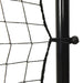 Close-up of rebounder net attached to black metal pole with bungee cord, football training aid