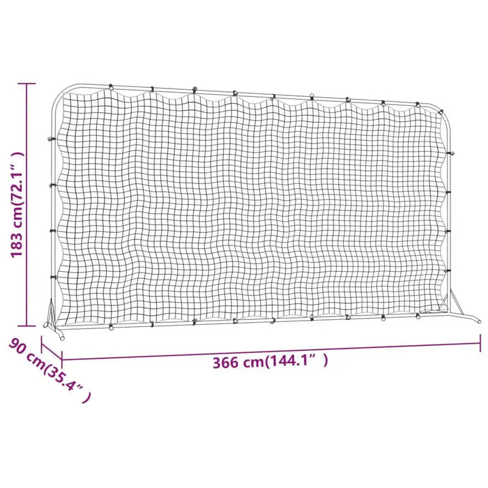Professional football rebounder net spring-loaded, 366x183 cm, with frame dimensions labeled.