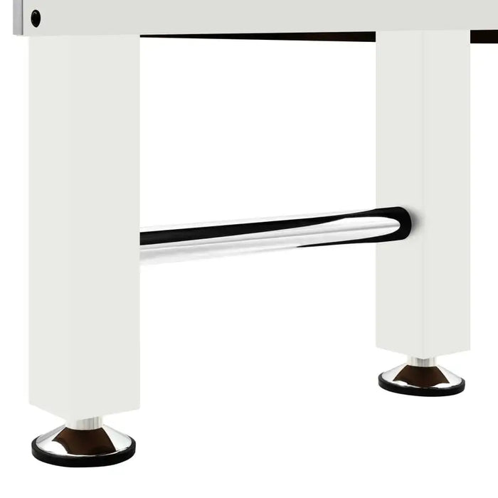 White foosball table legs with adjustable foot caps and metal support bar