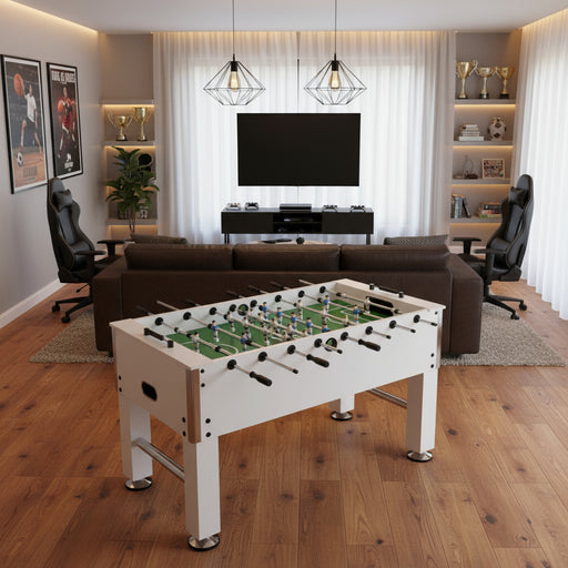 White professional football table with adjustable height in modern game room