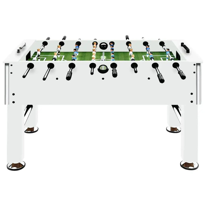 Professional white foosball table with black handles and green tournament playfield
