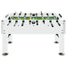 Professional white foosball table with black handles and green tournament playfield