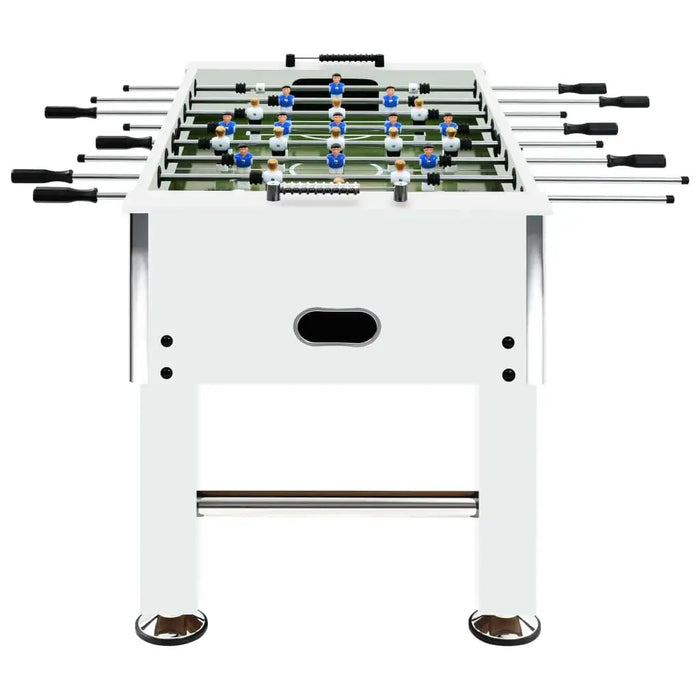 white professional foosball table with black handles and adjustable metal legs