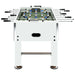 white professional foosball table with black handles and adjustable metal legs