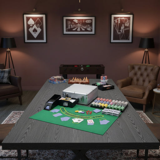 Professional poker set with 600 laser chips, cards, and automatic shuffler on game table