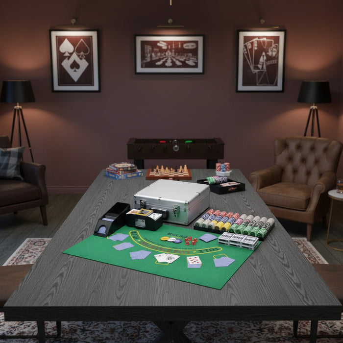 Professional poker set with 600 laser chips, cards, and automatic shuffler on game table