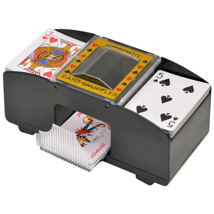 Automatic poker card shuffler with playing cards in black plastic case