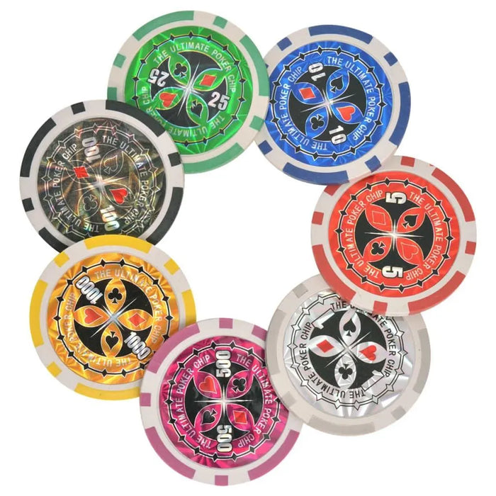 Seven colorful poker chips arranged in a circle, each with different values and designs.