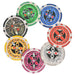 Seven colorful poker chips arranged in a circle, each with different values and designs.