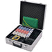 Professional poker set with 600 laser chips, cards, shuffler and green felt in aluminum case
