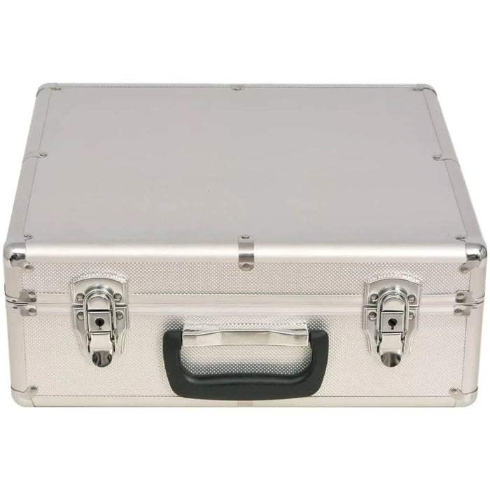 Closed silver aluminum poker chip case with black handle and secure latches
