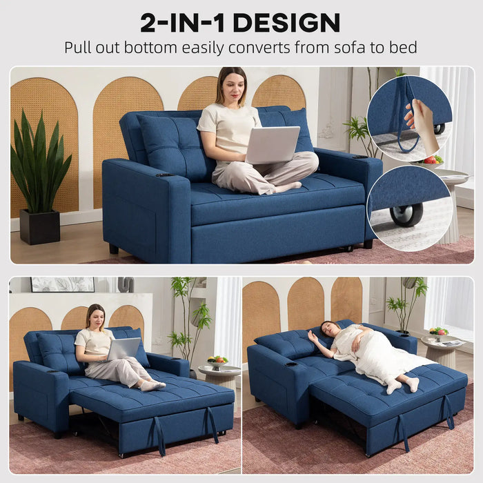 Pull-Out Loveseat Sofa Bed – Dark Blue Linen | Reclining 2-Seater with Storage Pockets HOMCOM - Little and Giant Explorers