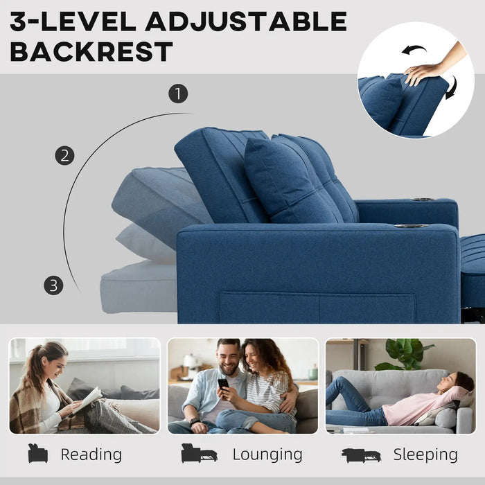 Pull-Out Loveseat Sofa Bed – Dark Blue Linen | Reclining 2-Seater with Storage Pockets HOMCOM - Little and Giant Explorers