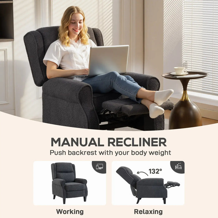 Woman using a laptop on a recliner chair with text about manual recliner features.