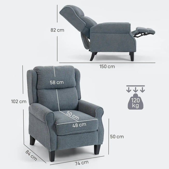 Gray armchair with dimensions and weight capacity displayed on a white background