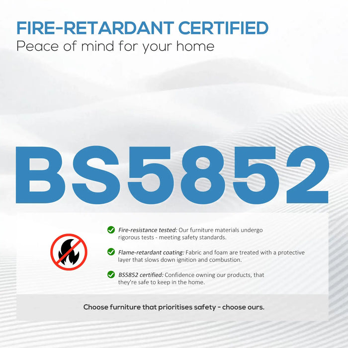 Fire-retardant certification label with BS5852 on a white background