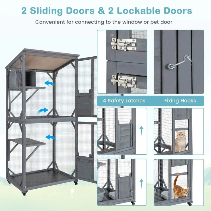 Gray wooden cat enclosure with mesh wire, sliding doors, lockable doors, safety latches, and fixing hooks, pet-friendly