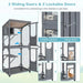 Gray wooden cat enclosure with mesh wire, sliding doors, lockable doors, safety latches, and fixing hooks, pet-friendly