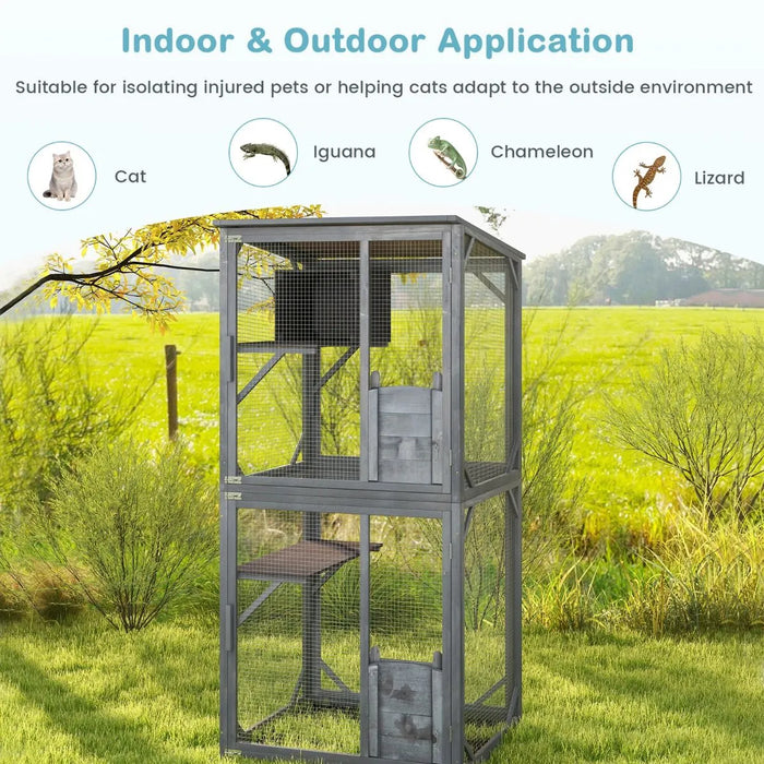 Two-level outdoor pet enclosure suitable for cats, iguanas, chameleons, and lizards in green yard