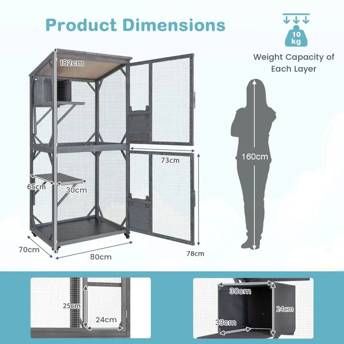 Large multi-level metal cage with shelves, mesh walls, doors, and detailed dimensions for pet enclosure