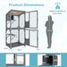 Large multi-level metal cage with shelves, mesh walls, doors, and detailed dimensions for pet enclosure