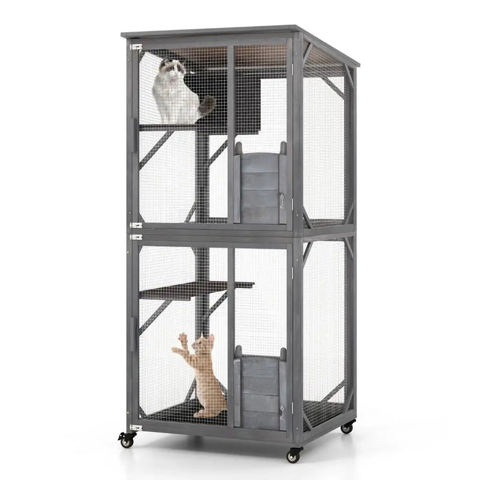 Two-level tall gray outdoor cat enclosure with mesh sides and two cats inside