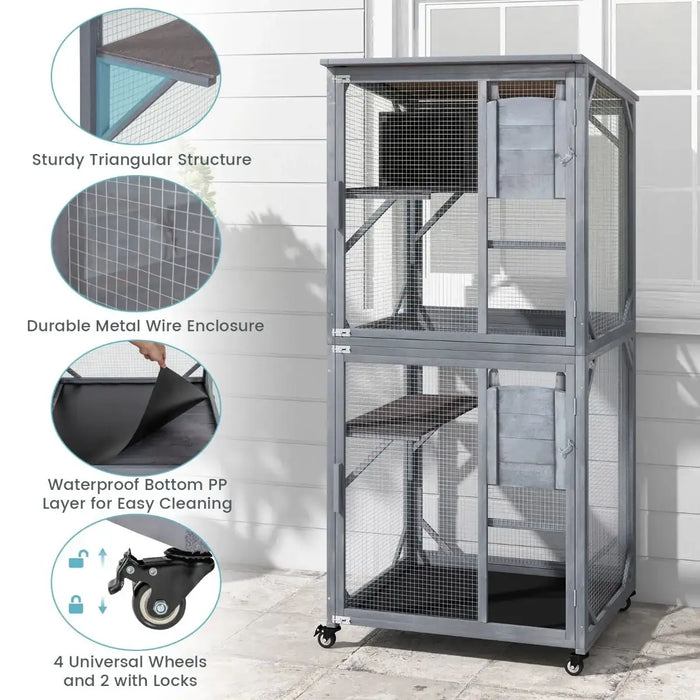 Gray wooden cat cage with durable metal wire enclosure, waterproof bottom layer, and lockable wheels