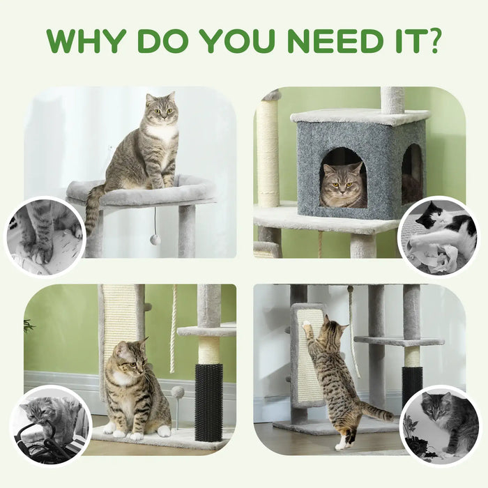 Cats playing and resting on a multi-level gray cat tree with scratching posts and hideaways indoors