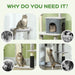 Cats playing and resting on a multi-level gray cat tree with scratching posts and hideaways indoors