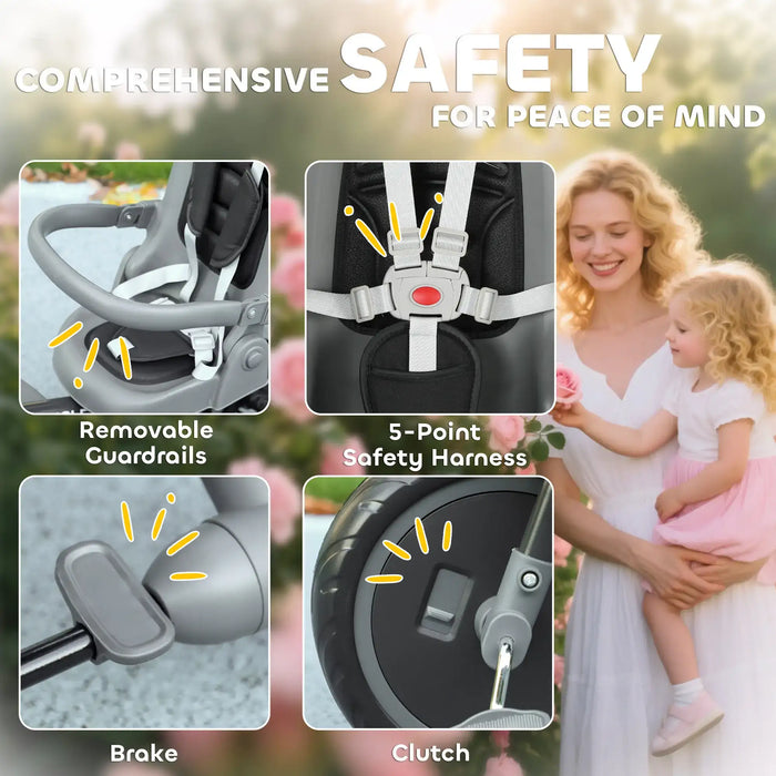 Child safety seat with features like removable guardrails, 5-point safety harness, brake, and clutch, with a blurred background of a woman and child.