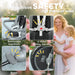 Child safety seat with features like removable guardrails, 5-point safety harness, brake, and clutch, with a blurred background of a woman and child.