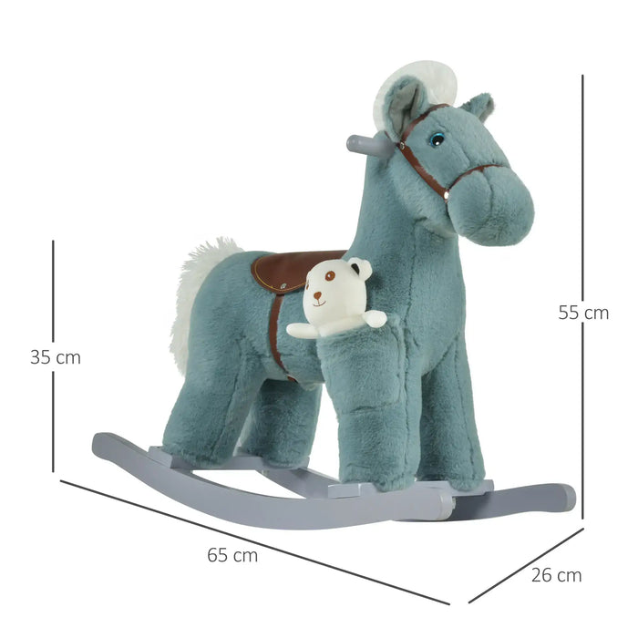 Blue plush rocking horse toy with brown saddle and small white bear pocket on wooden rockers