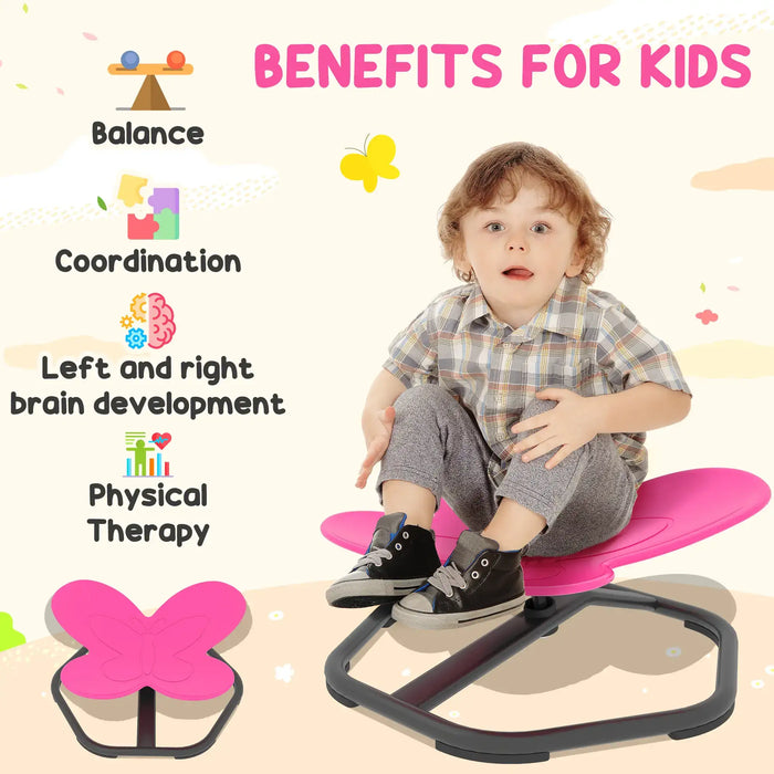 Child sitting on a balance board with text highlighting benefits for kids