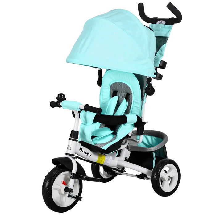 Children's tricycle with a turquoise seat and canopy on a white background