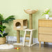 Natural woven cat tree with sisal scratching posts, cozy pads, ladder, and perch in modern living room