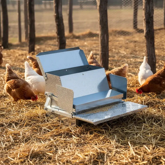 Metal automatic chicken feeder with scattered feed surrounded by hens in outdoor pen with straw