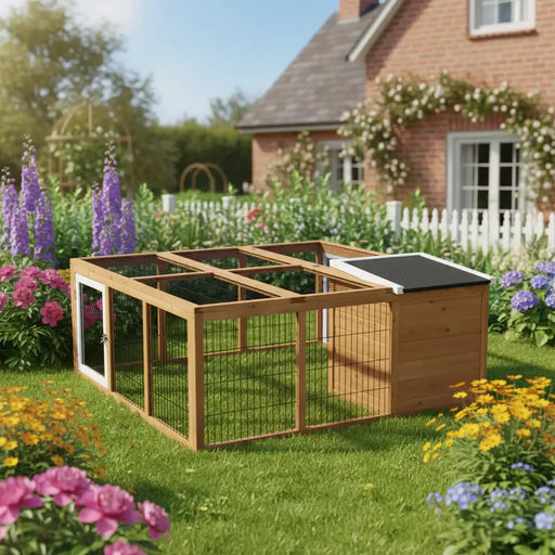 Wooden outdoor rabbit hutch with wire mesh enclosure in colorful flower garden