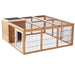 Wooden outdoor rabbit hutch cage with wire mesh and small enclosed shelter