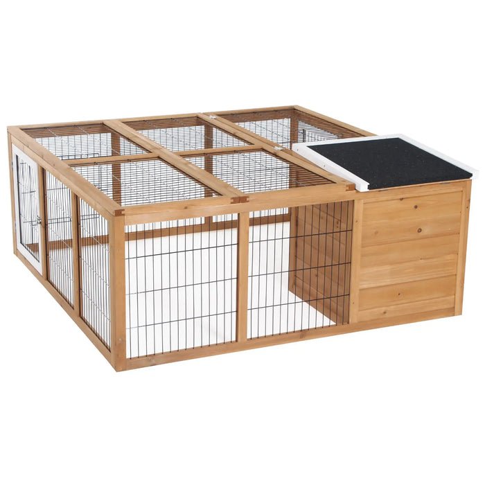 Wooden outdoor rabbit hutch with wire mesh run and slanted black roof