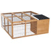 Wooden outdoor rabbit hutch with wire mesh run and slanted black roof