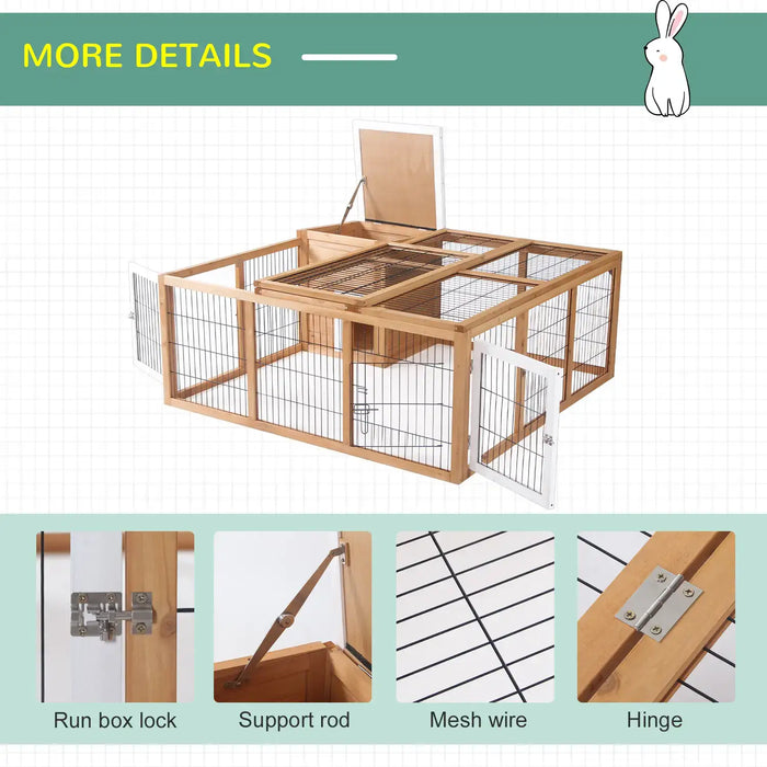 Wooden outdoor rabbit hutch with mesh wire, run box lock, support rod, and hinge details