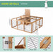 Wooden outdoor rabbit hutch with mesh wire, run box lock, support rod, and hinge details