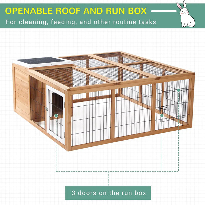 Wooden rabbit hutch with openable roof, wire mesh, three doors, and black roof panel
