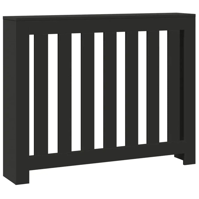 Black radiator cover with vertical slats on a white background