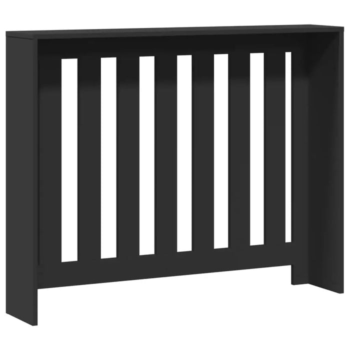 Black radiator cover with vertical slats on a white background