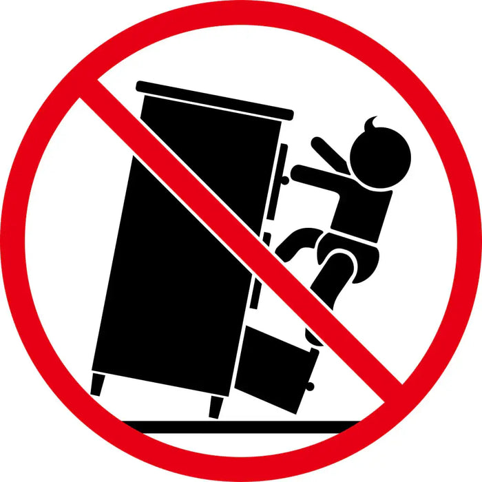 Prohibition sign with a child falling from a desk, enclosed in a red circle.