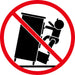 Prohibition sign with a child falling from a desk, enclosed in a red circle.