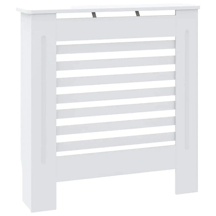 White radiator cover with slatted design on a white background